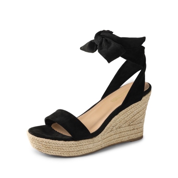 Black Espadrilles Ankle ribbon Tie Lace Up Platform Wedges sz 7 high heel shoes - Picture 2 of 13